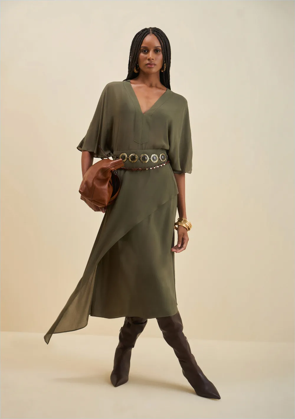 Saia Morena Rosa Reta Alta Midi Verde