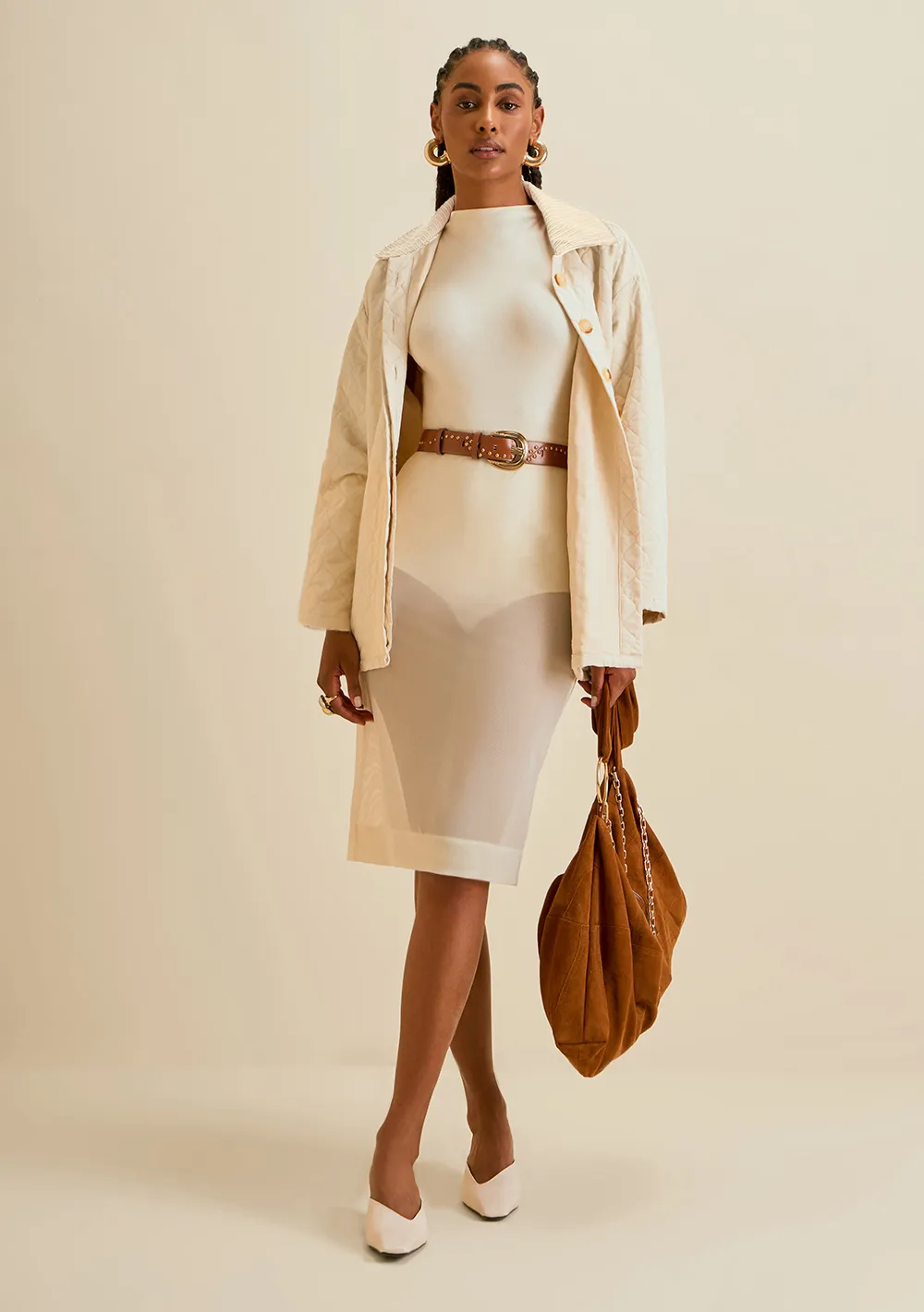 Saia Morena Rosa Lápis Alta Midi Off White