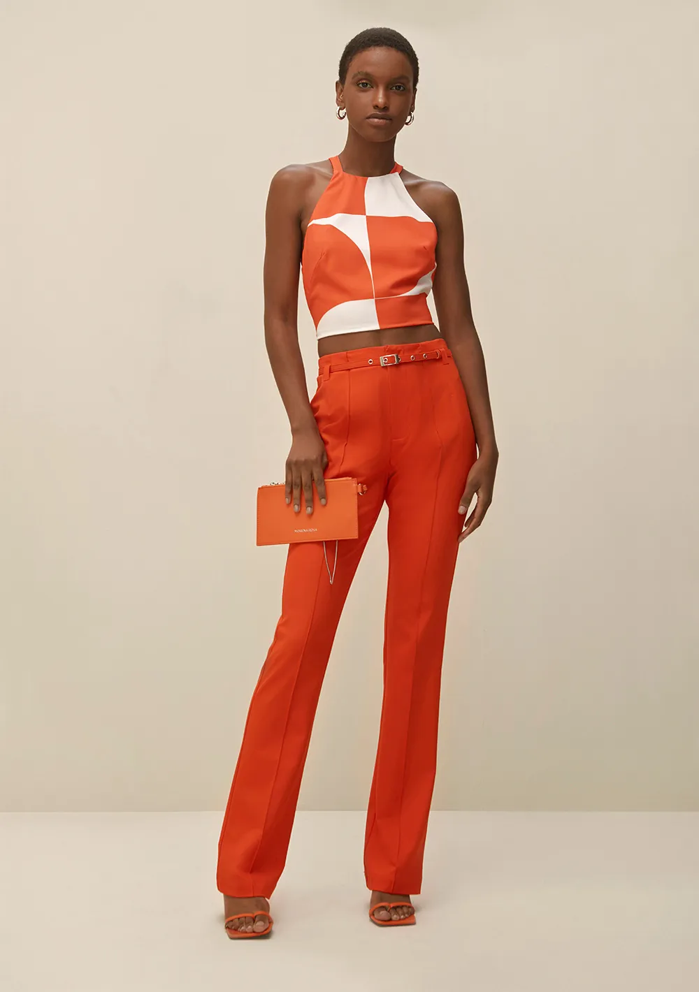 Calca Morena Rosa Alfaiataria Cós Alto Com Cinto Laranja