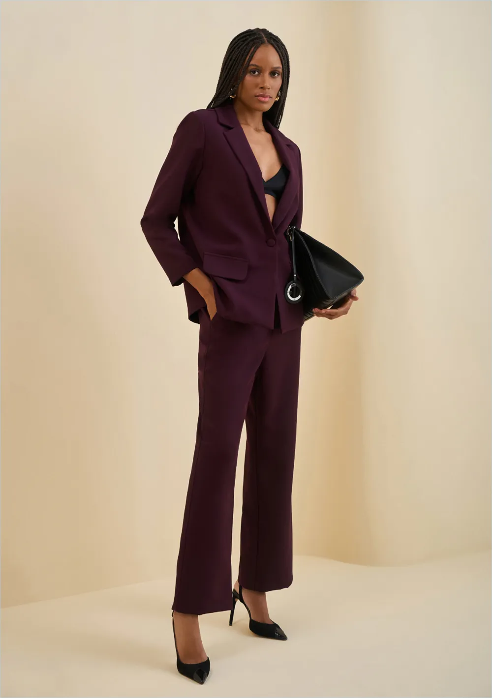 Blazer Morena Rosa Ajustado Manga Longa Padrão Roxo