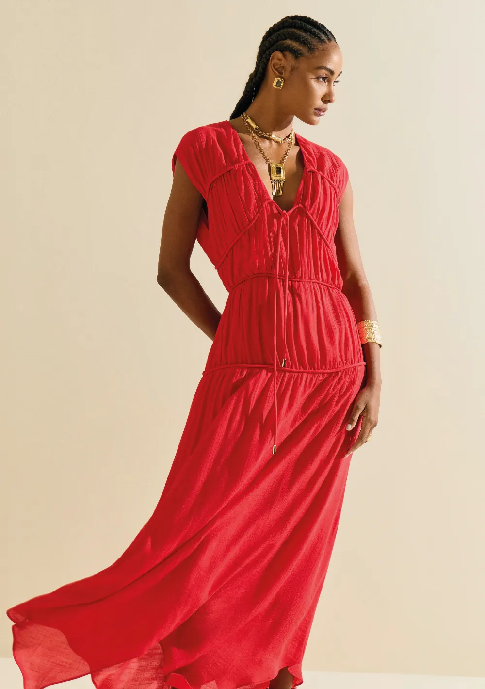 Vestido Morena Rosa Solto Decote V Sem Manga Midi Vermelho