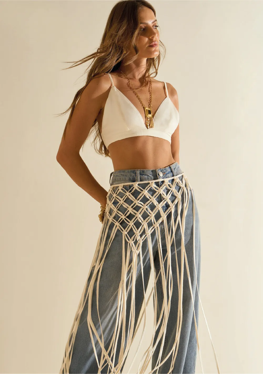 Cinto Morena Rosa Cintura Fino Detalhe Macramê Off White