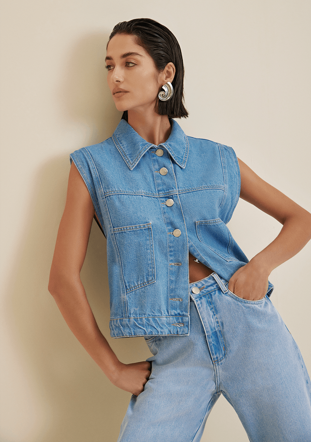 Colete Morena Rosa Alongado Detalhe Franjas Jeans