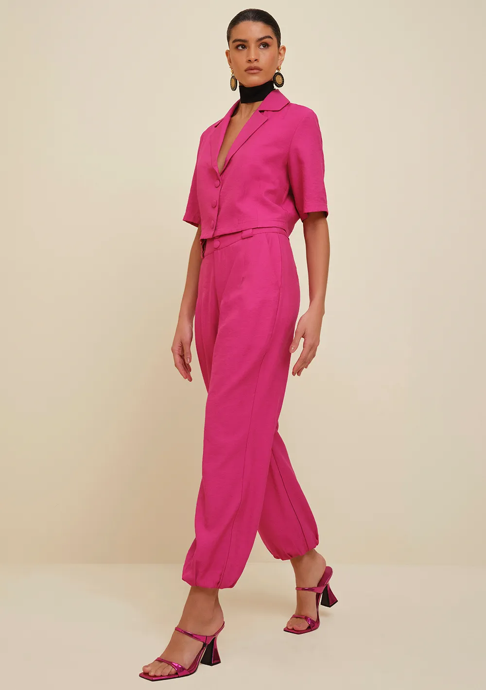 Calça Morena Rosa Jogger Cós Alto Bolso Faca Pink