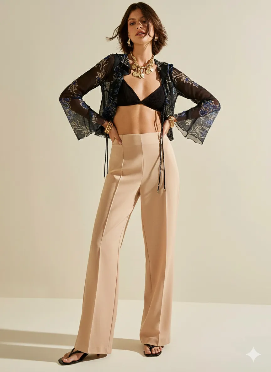 Calça Morena Rosa Pantalona Alta Bege