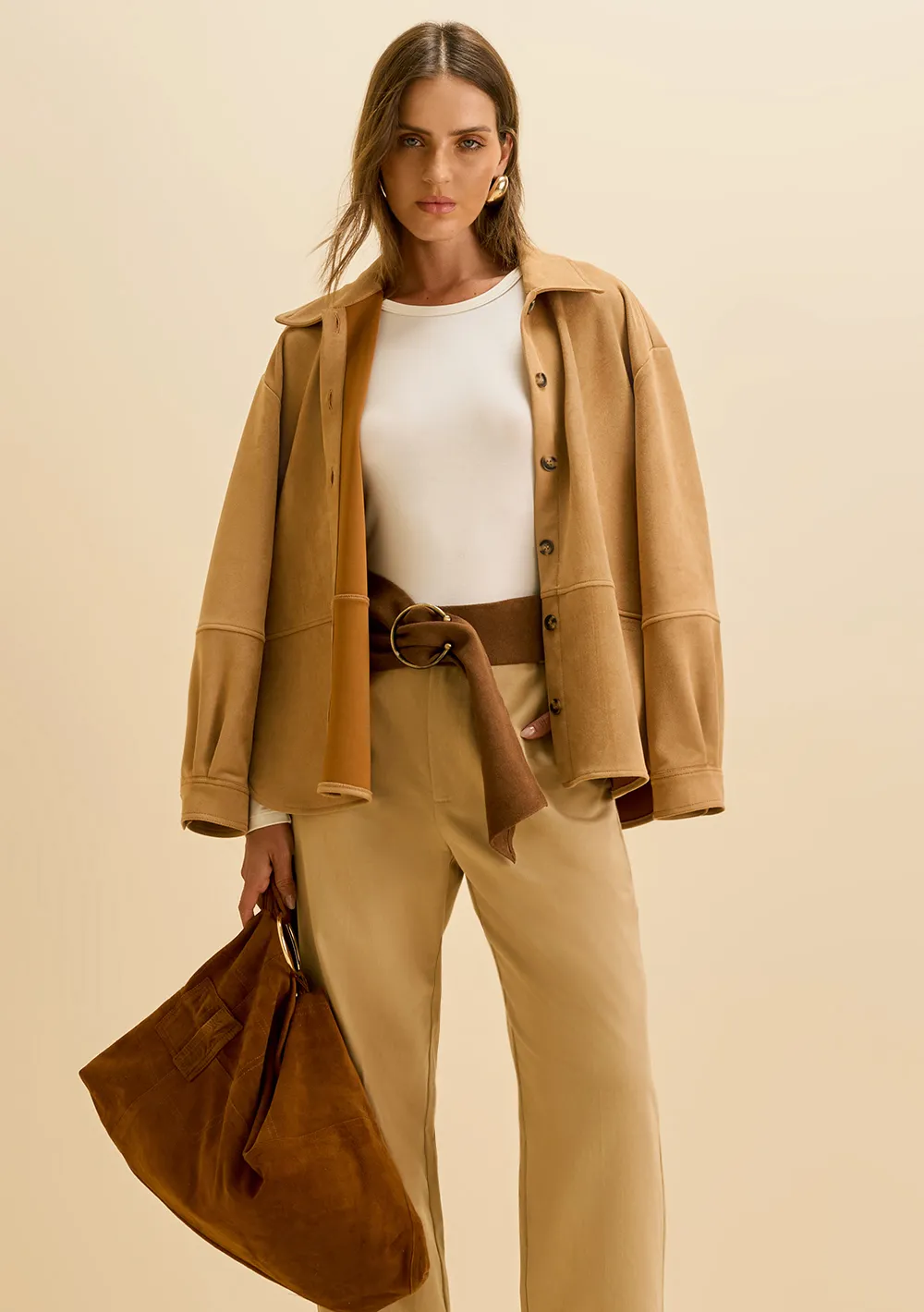 Camisa Morena Rosa Solta Gola Clássica Manga Longa Padrão Marrom