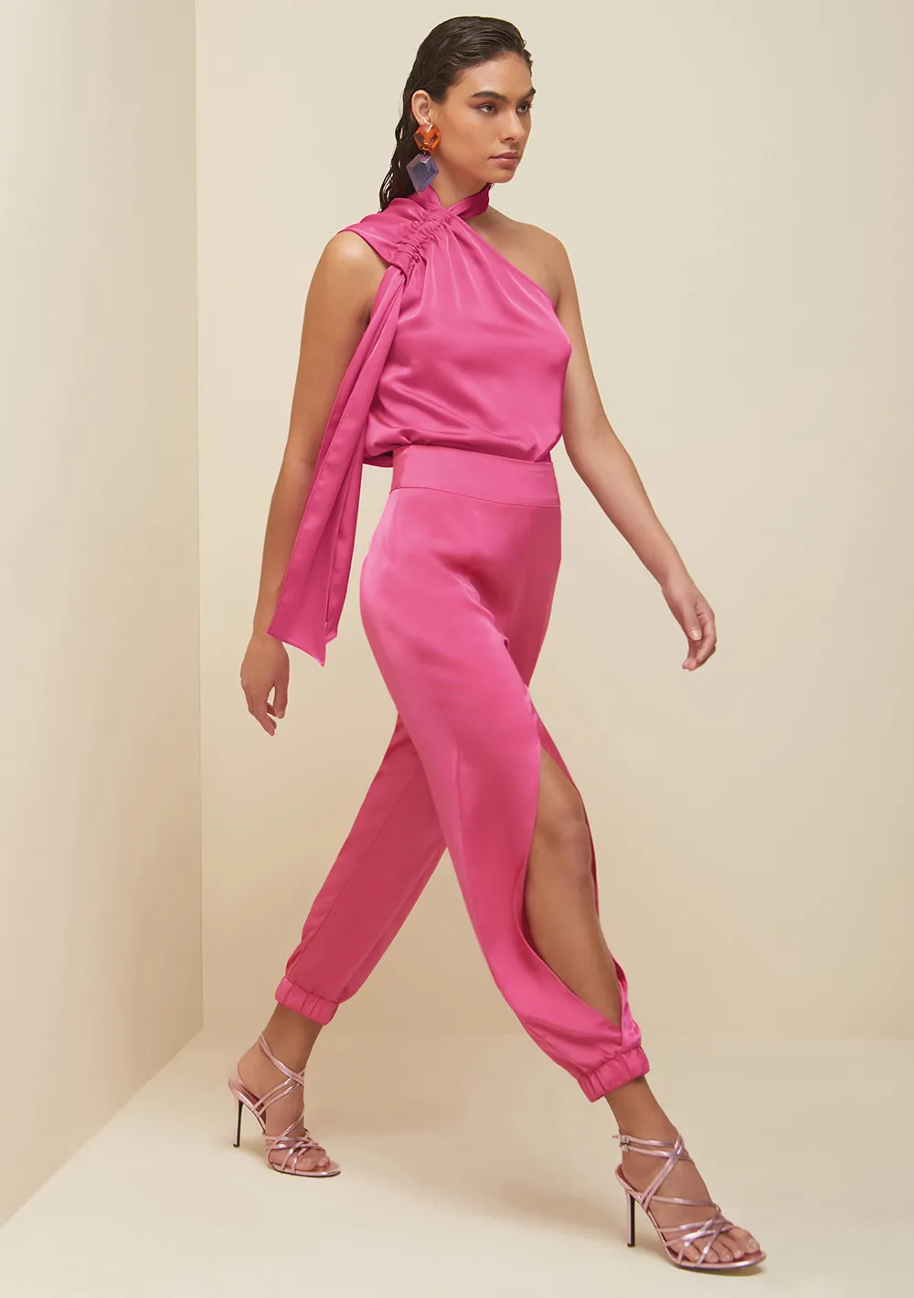 Calca Morena Rosa Cenoura Cós Alto Abertura Frente Pink