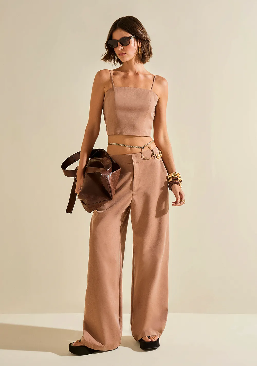 Top Morena Rosa Decote Reto Alça Fina Marrom