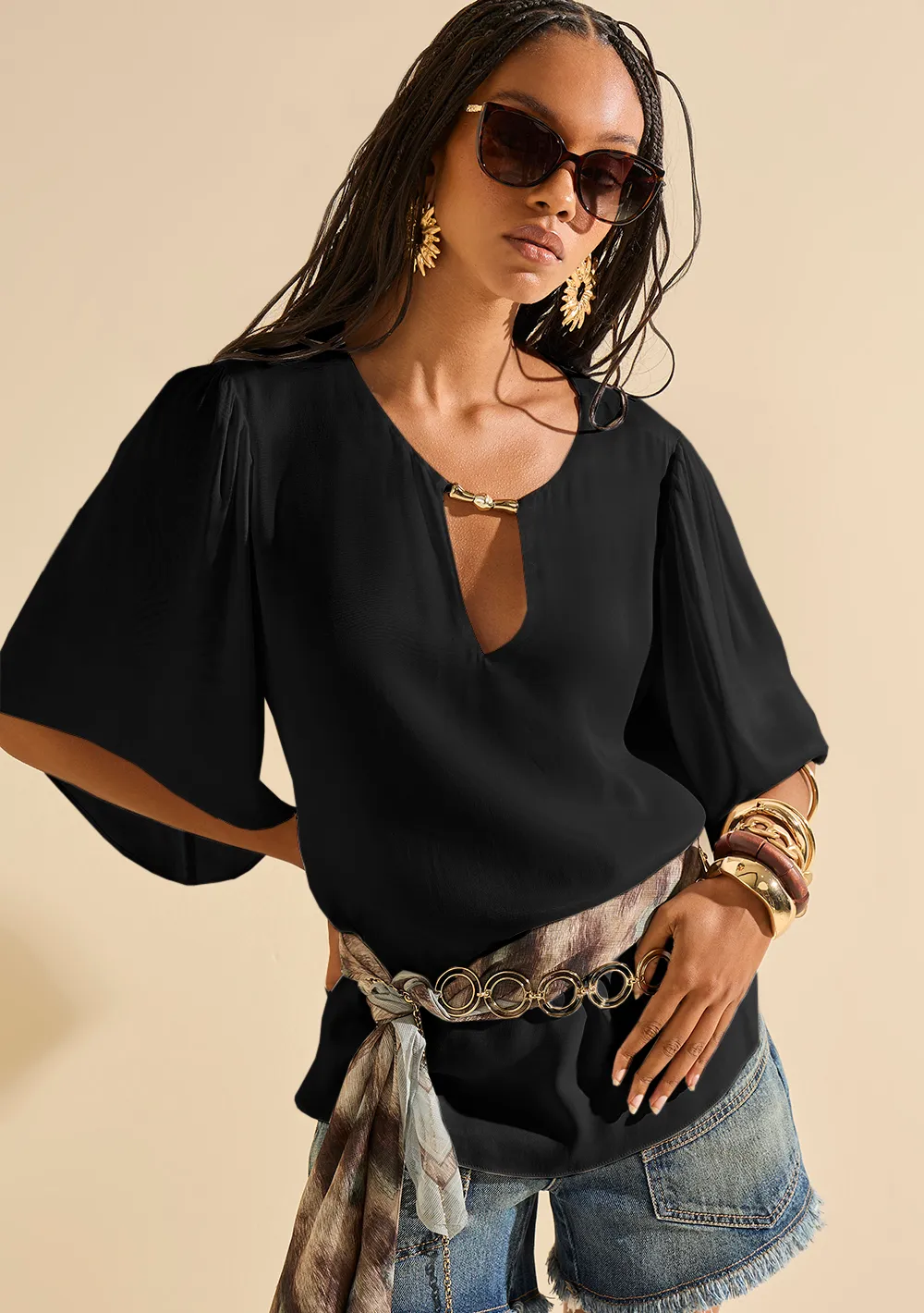 Blusa Morena Rosa Solta Decote Careca Manga 3 Quartos Padrão Preto