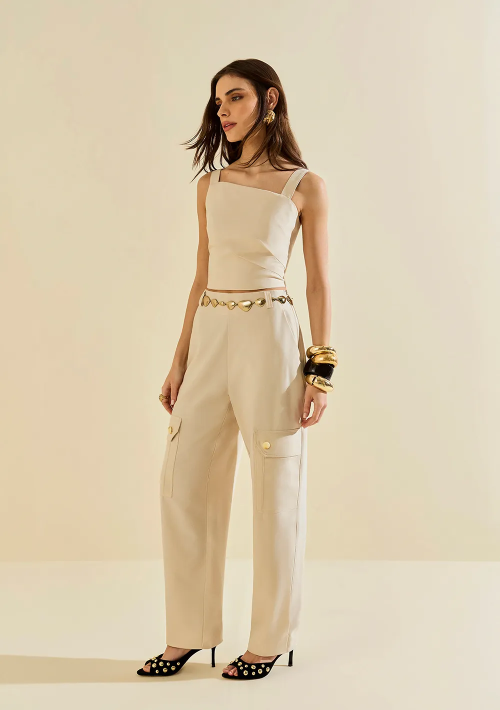 Top Morena Rosa Decote Reto Alça Larga Bege