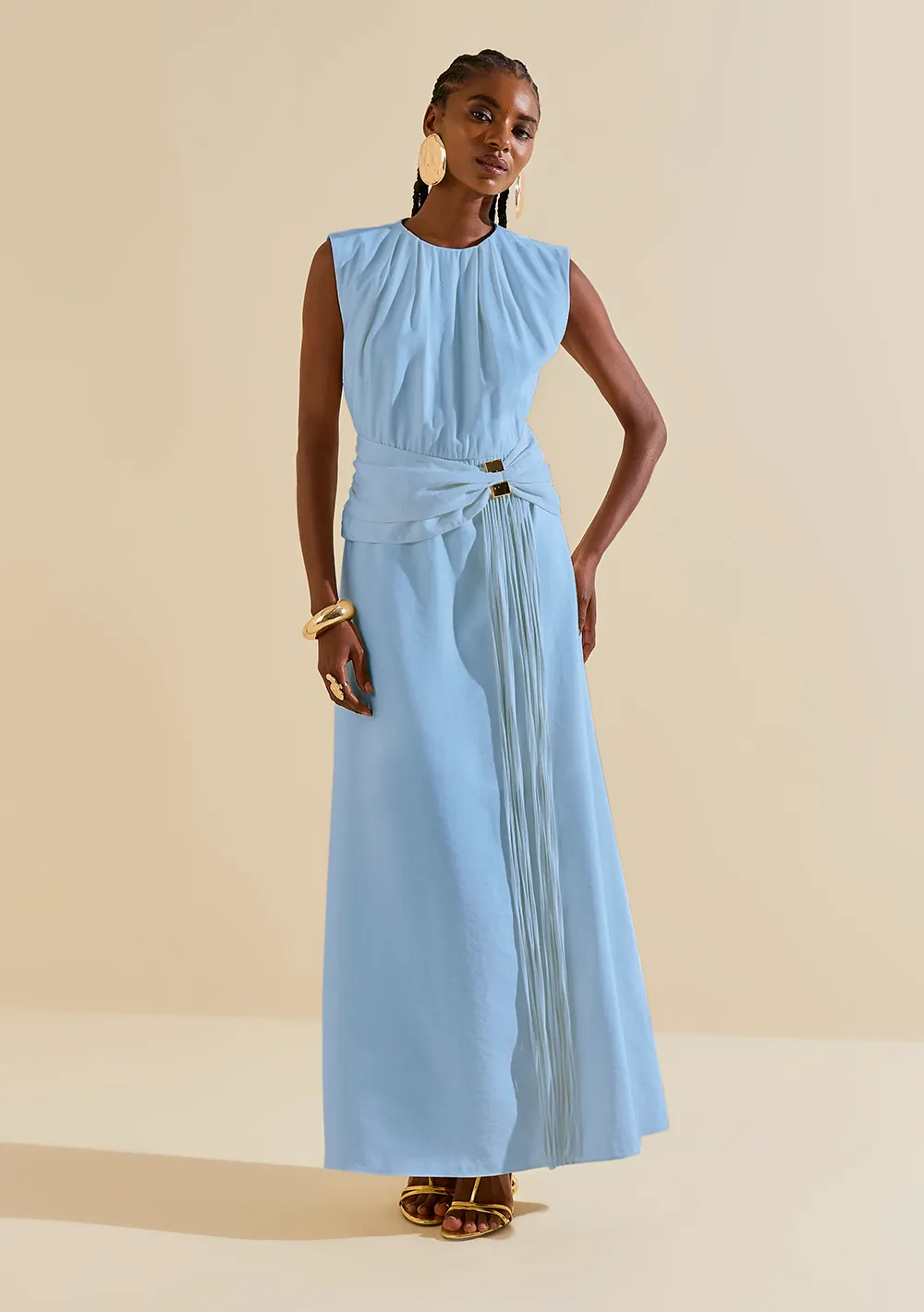 Vestido Morena Rosa Solto Decote Careca Manga Curta Longo Azul