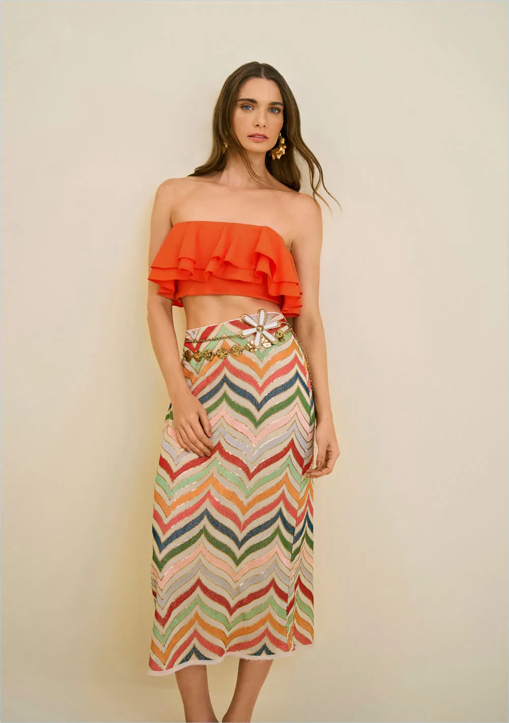 Blusa Morena Rosa Decote Reto Alça Babado Decote Laranja