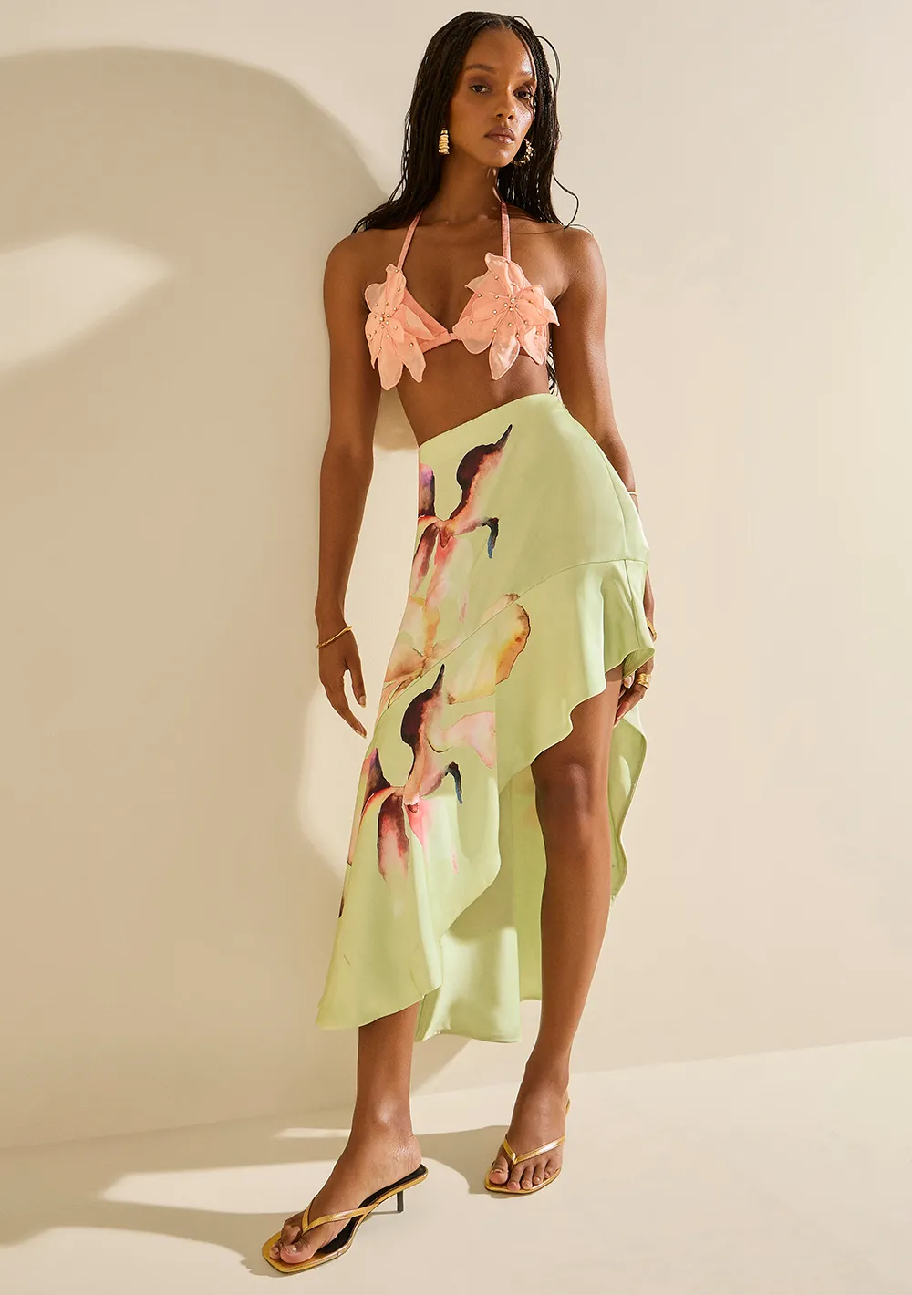 Saia Morena Rosa Reta Alta Midi Verde