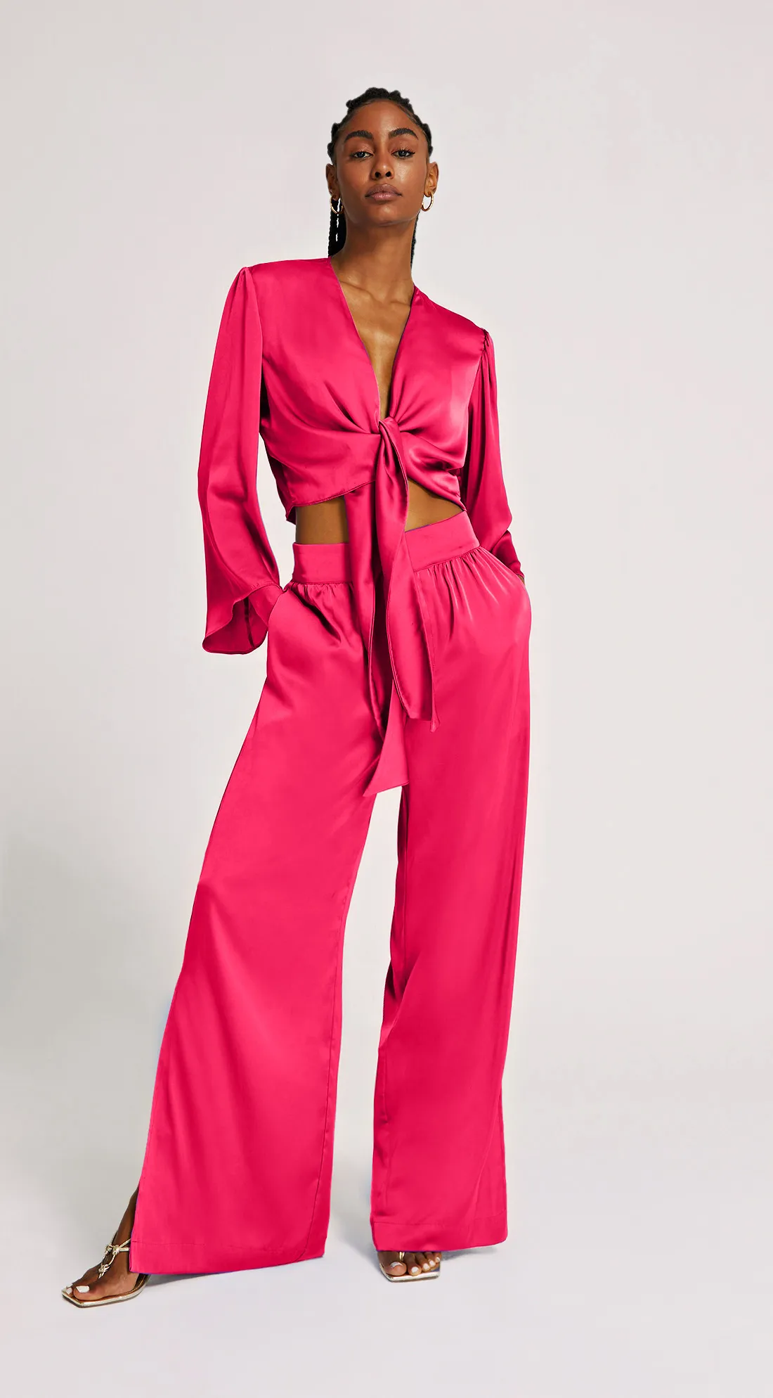 Calca Morena Rosa Pantalona Cós Largo Com Fendas Rosa