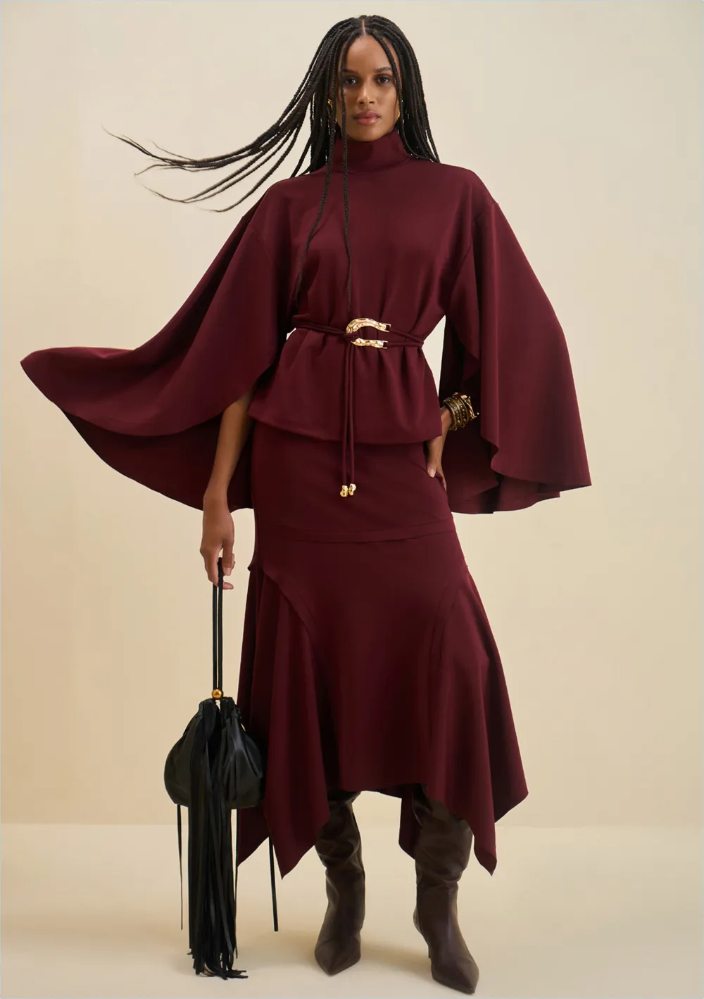 Saia Morena Rosa Evasê Alta Midi Bordo