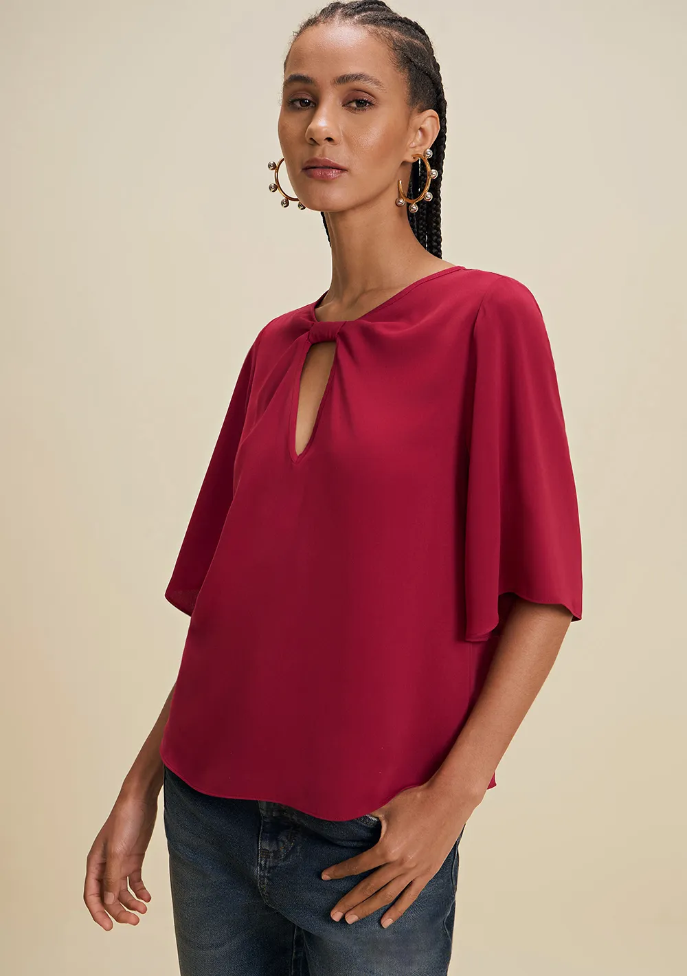 Blusa Solta Decote Canoa Manga Curta Padrão Bordo