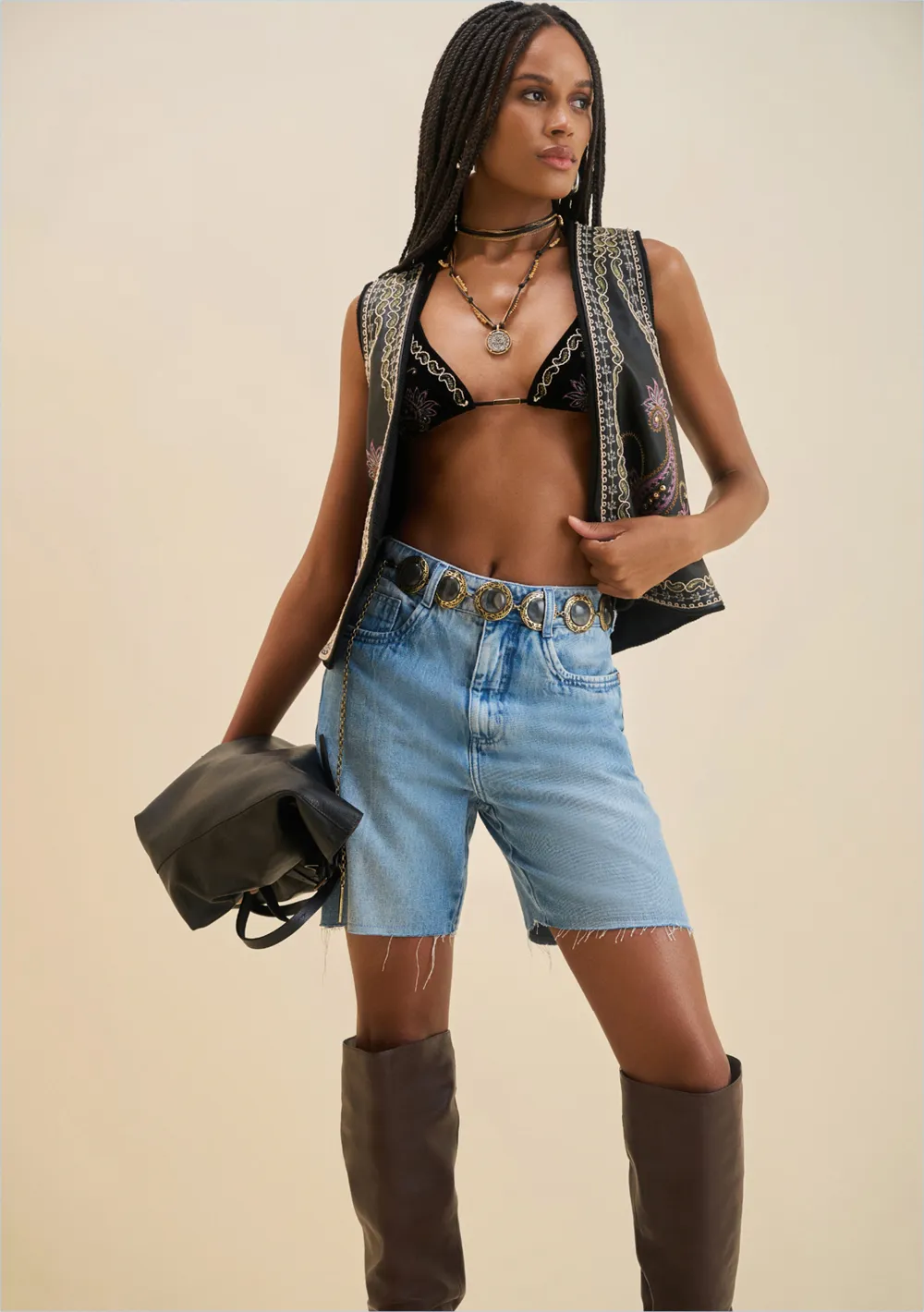 Bermuda Morena Rosa Reta Alta Azul