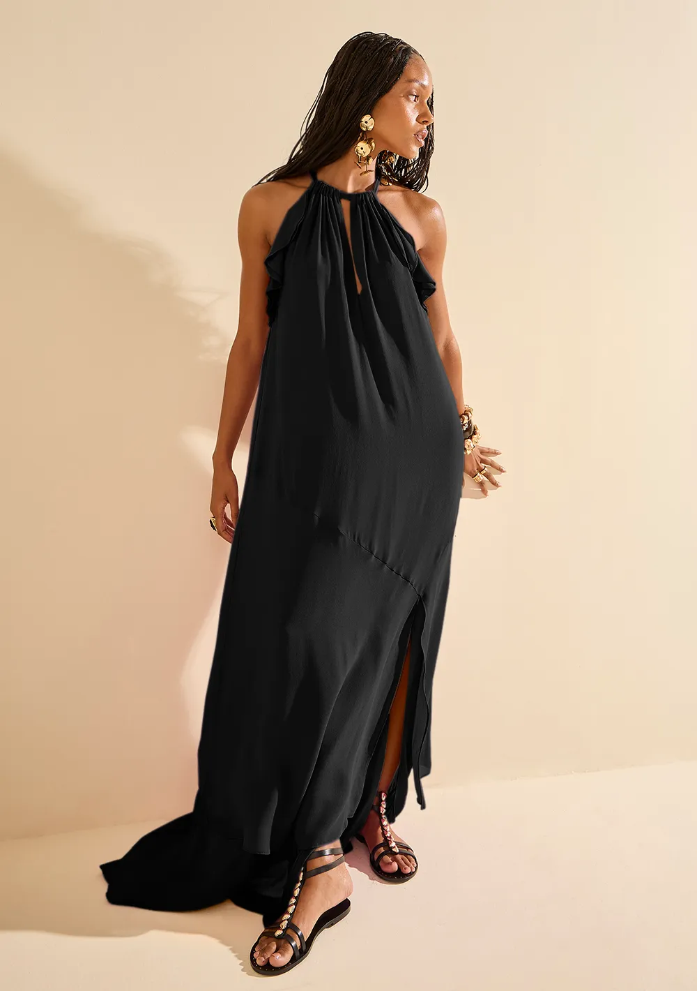 Vestido Morena Rosa Solto Decote V Sem Manga Longo Preto