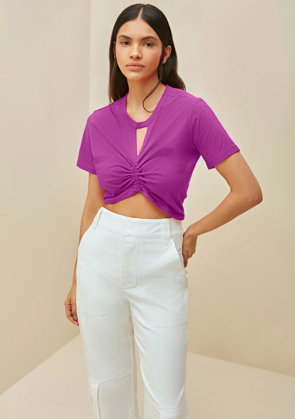 Blusa Morena Rosa Decote Redondo Manga Curta Com Amarração Rosa