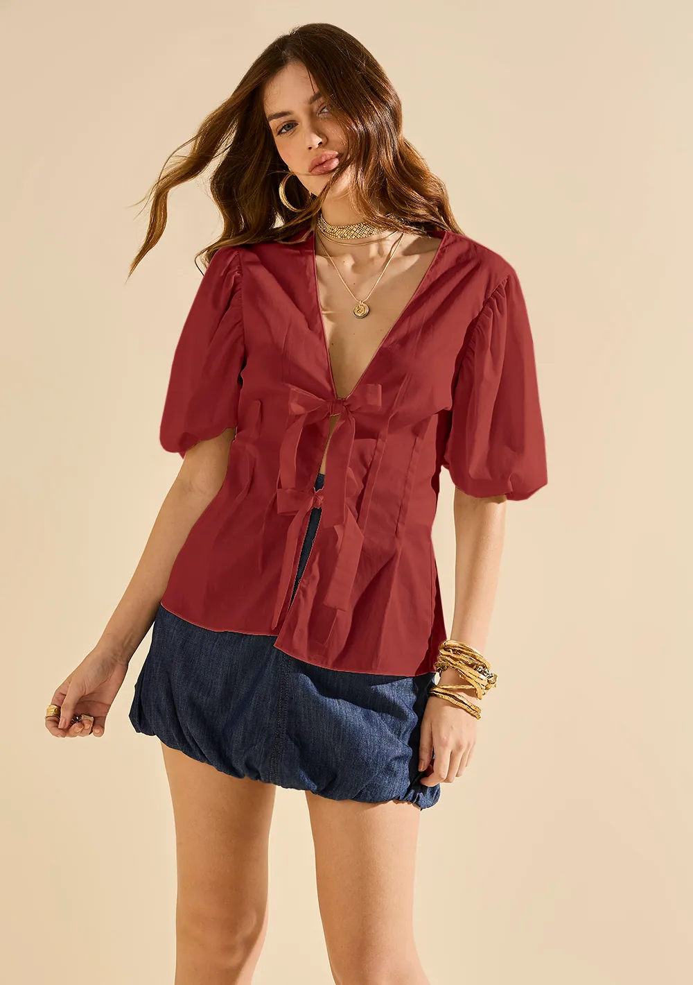 Blusa Morena Rosa Ajustada Decote V Manga Curta Padrão Marrom