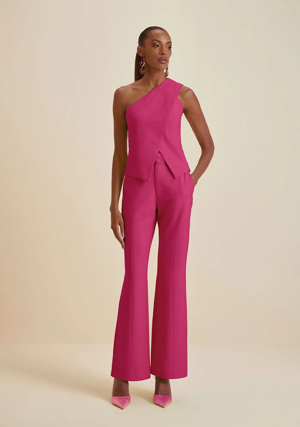 Calça Morena Rosa Boot Cut Cós Alfaiataria Bolso Faca Pink