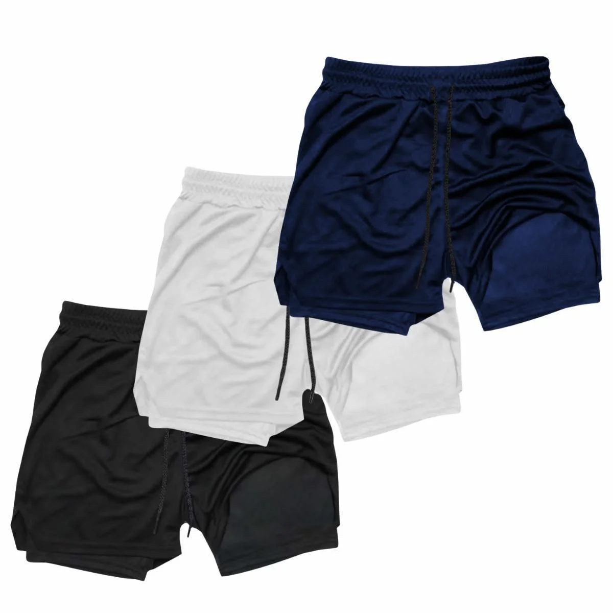 Kit 3 Shorts Treino Dry Térmico 2 em 1 com Bolso para Cel. e Porta-Toalha Calção Fitness Academia