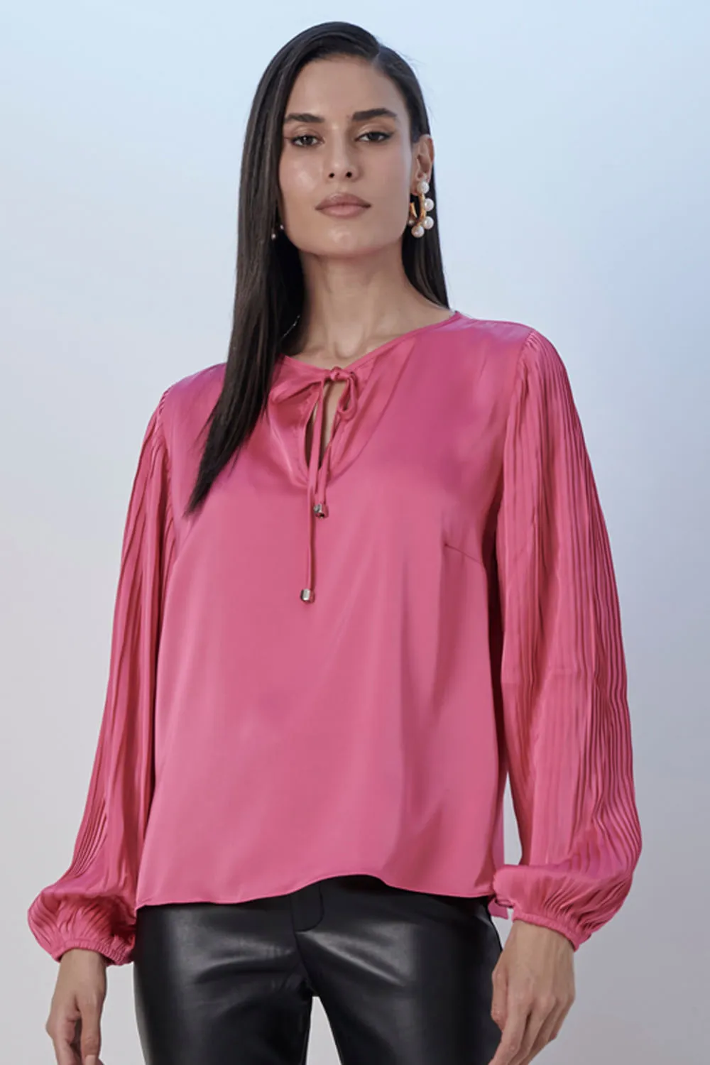 Camisa Feminina Lisa Manga Plissadas Smk Rosa Médio