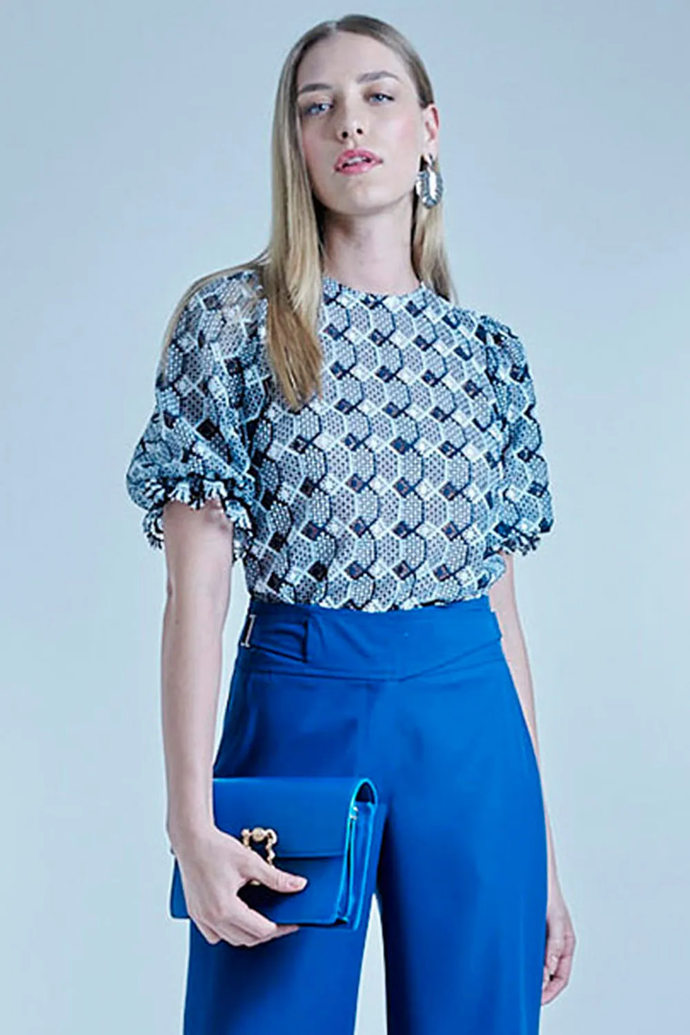 Blusa Feminina Renda Guipir Premium Estampada Smk Azul Médio