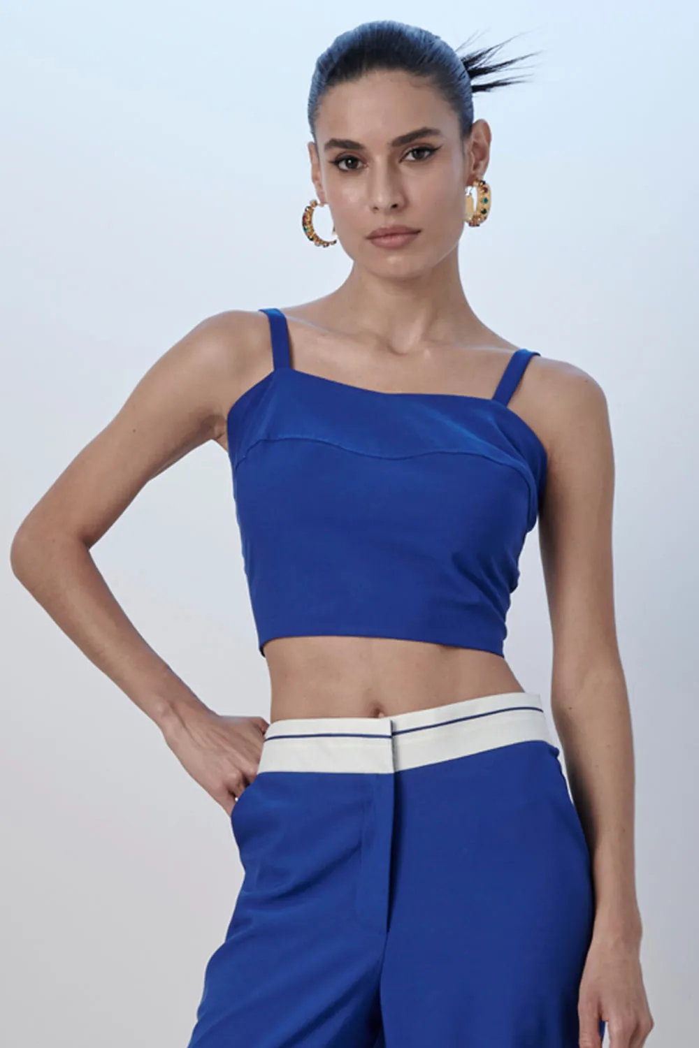 Cropped Alfaiataria Casual Liso Smk Azul Médio