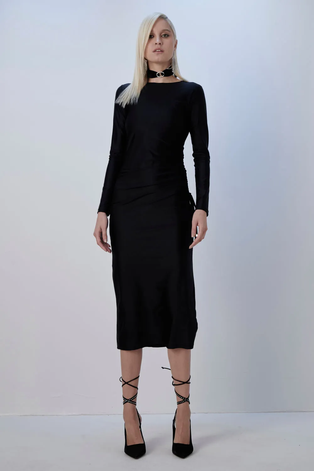 Vestido Midi Helanca Drapeado Lateral Smk Preto