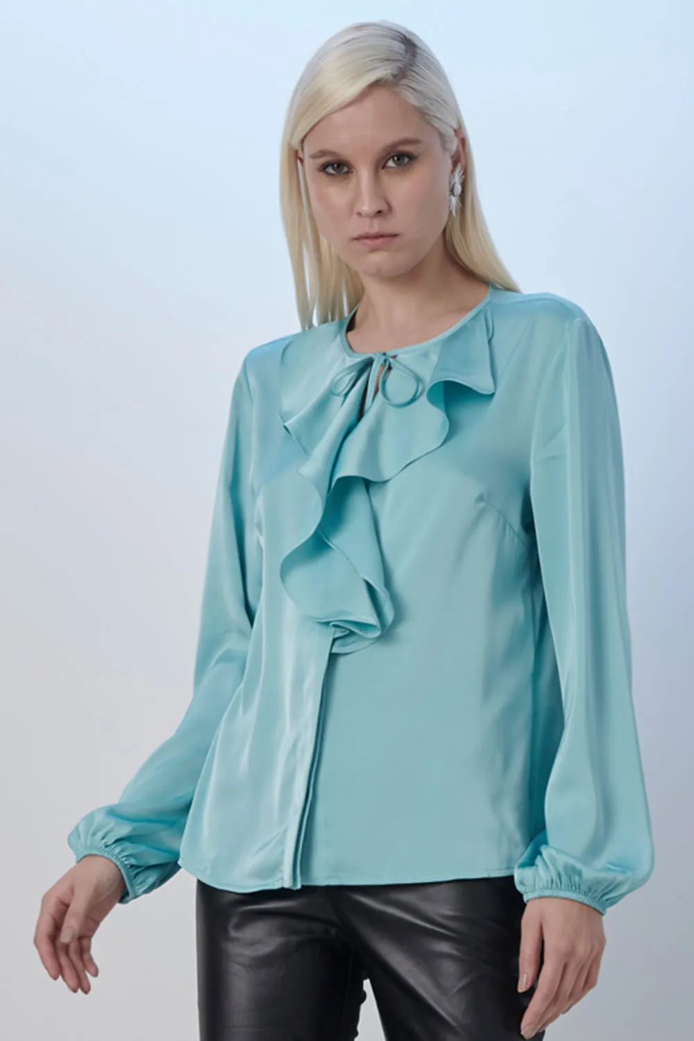 Camisa Feminina Detalhe Gola Babado Smk Azul Médio