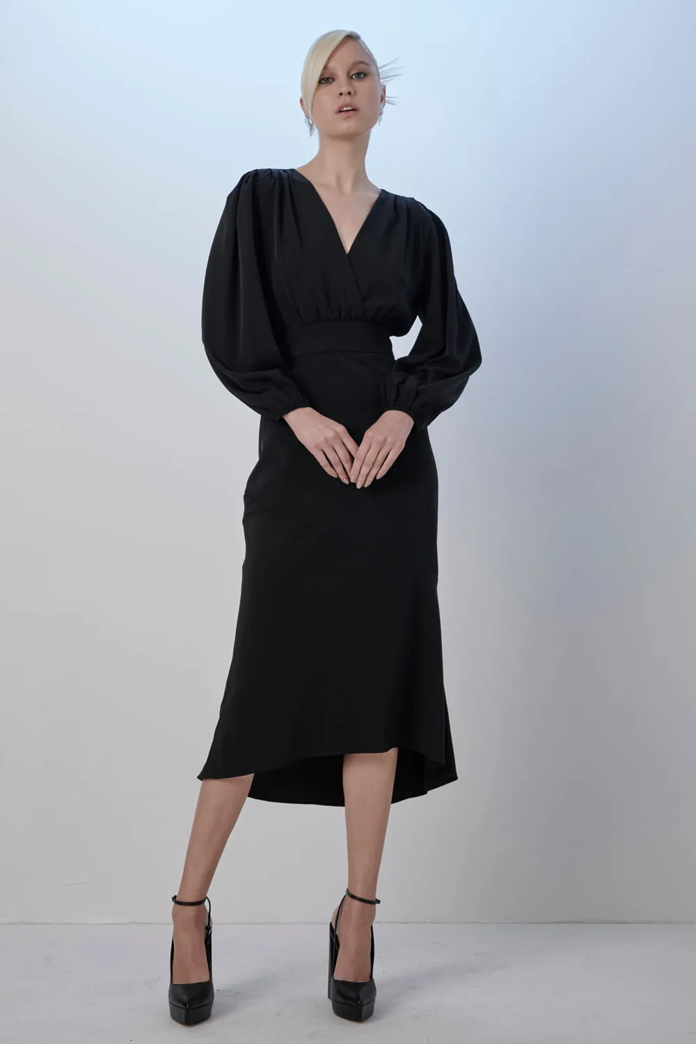 Vestido Midi Prada Liso Faixa Cintura Smk Preto