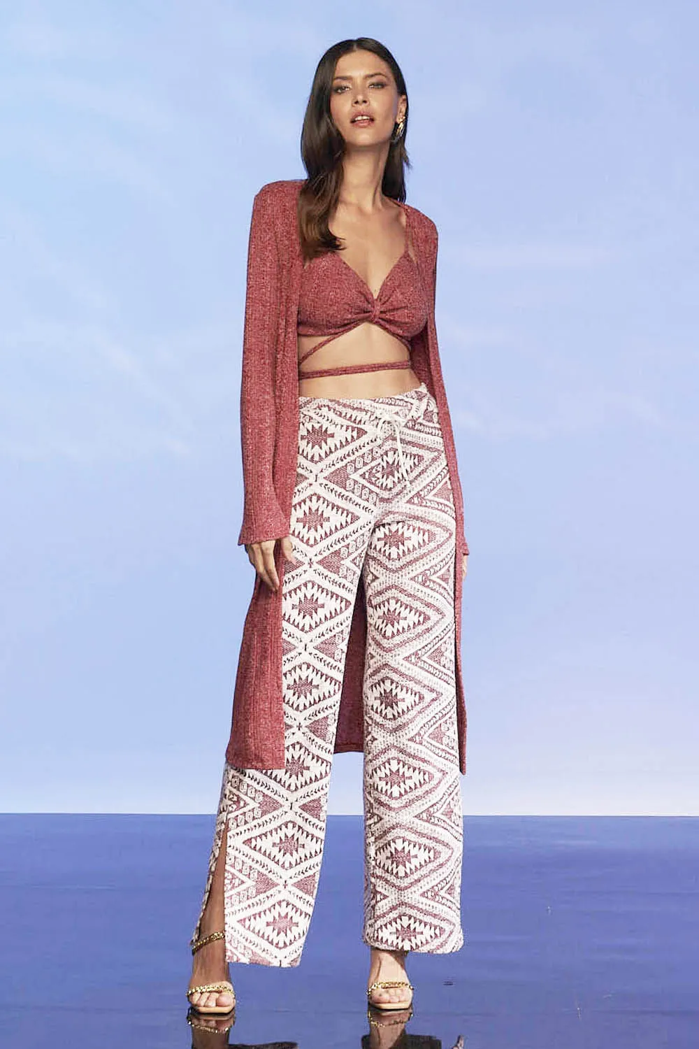 Calça Feminina Tricot Estampado Smk Vinho