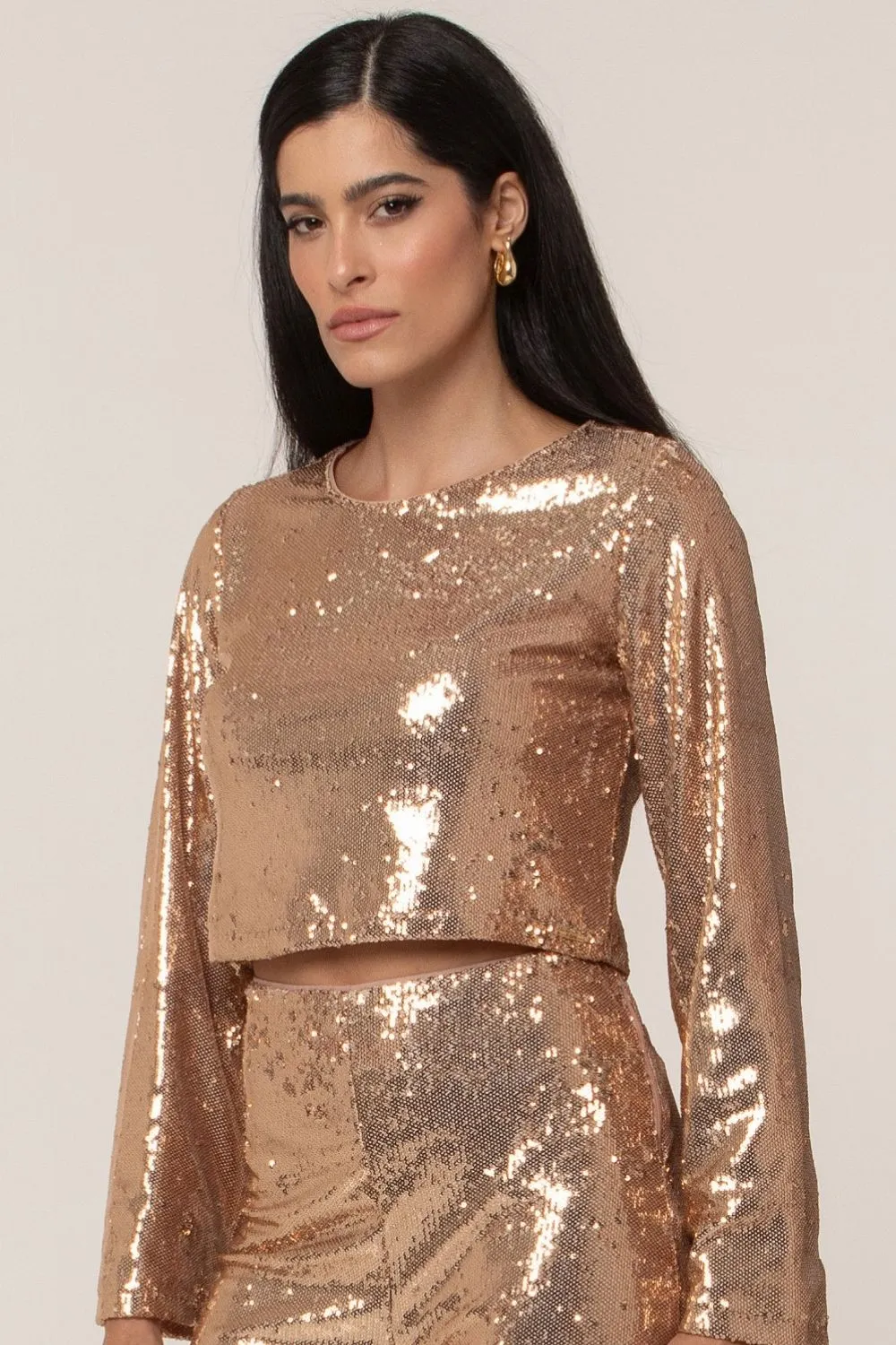 Blusa Feminina Paetê Gold Manga Longa Smk Dourado