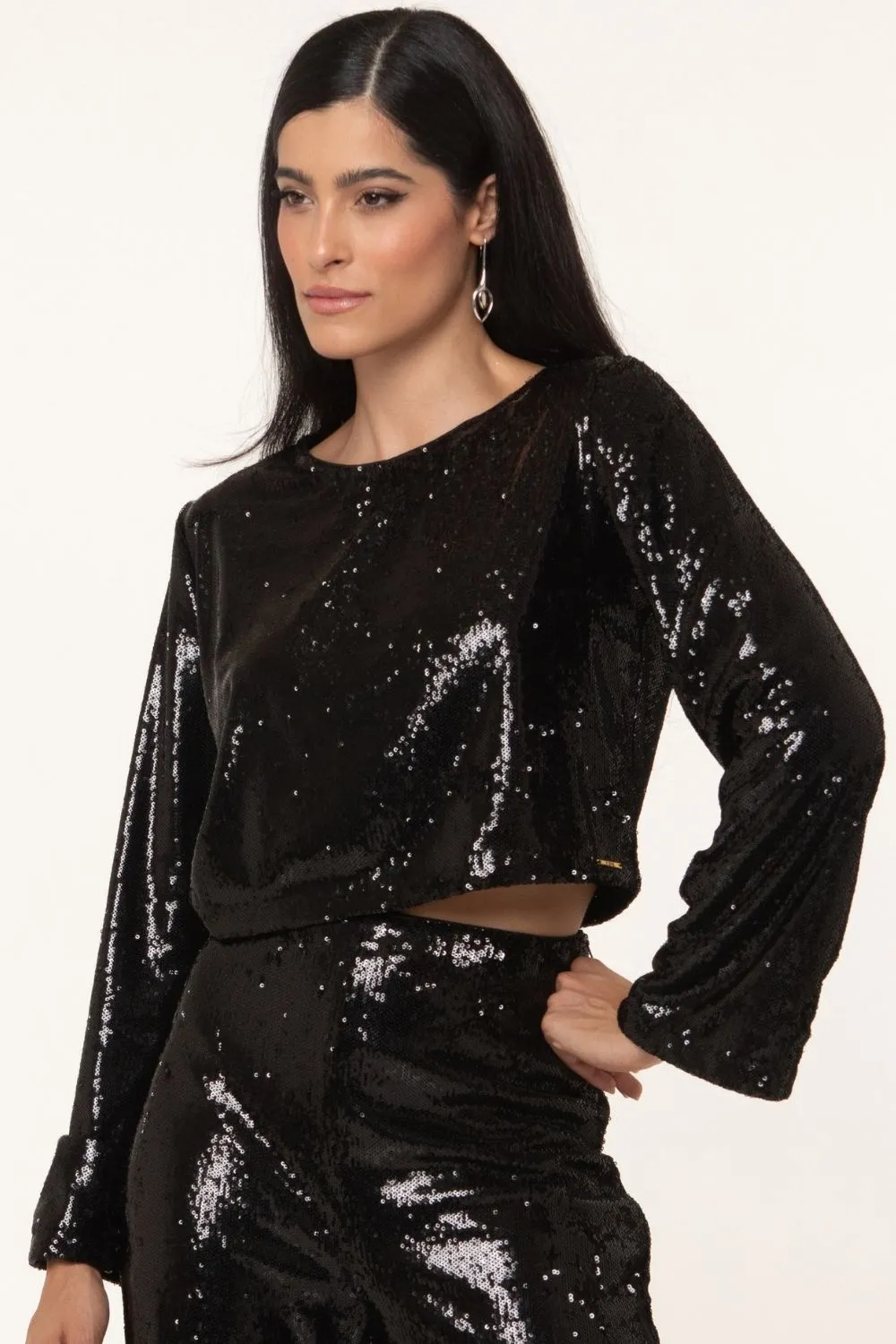 Blusa Feminina Paetê Gold Manga Longa Smk Preto