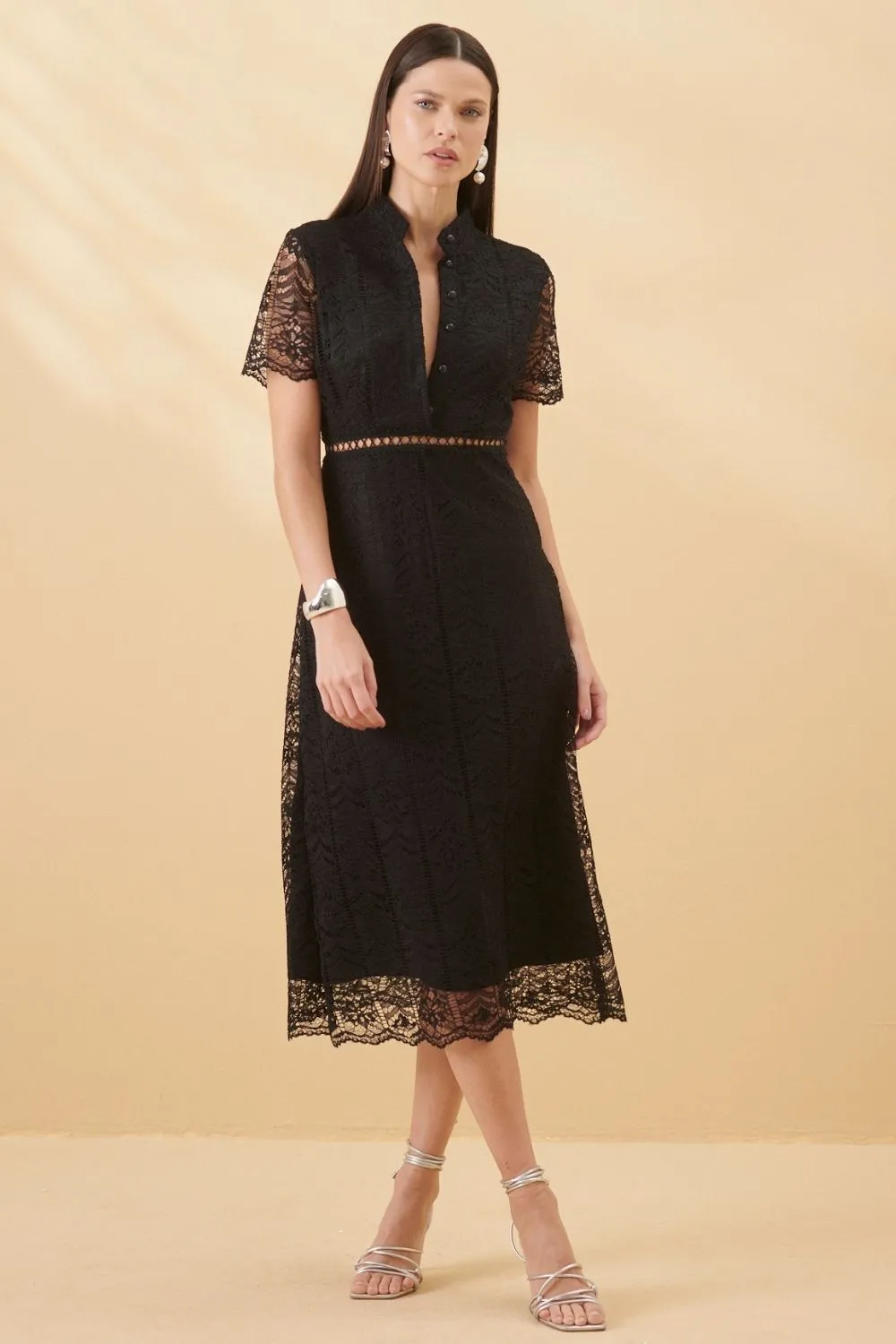 Vestido Midi Renda Granada Manga Vazada Smk Preto