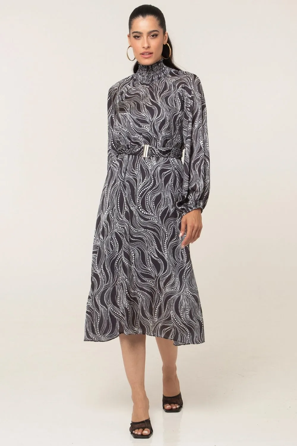 Vestido Midi Chifon Satin Twist Estampado Smk Preto