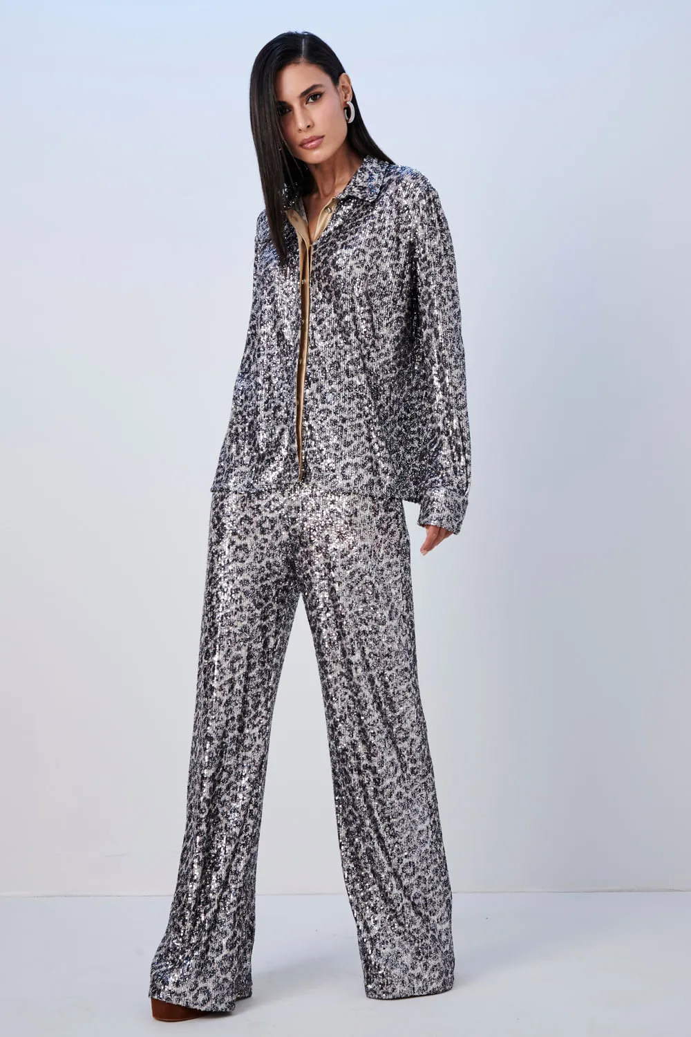 Calça Feminina Pantalona Paetê Platinada Smk Estampado