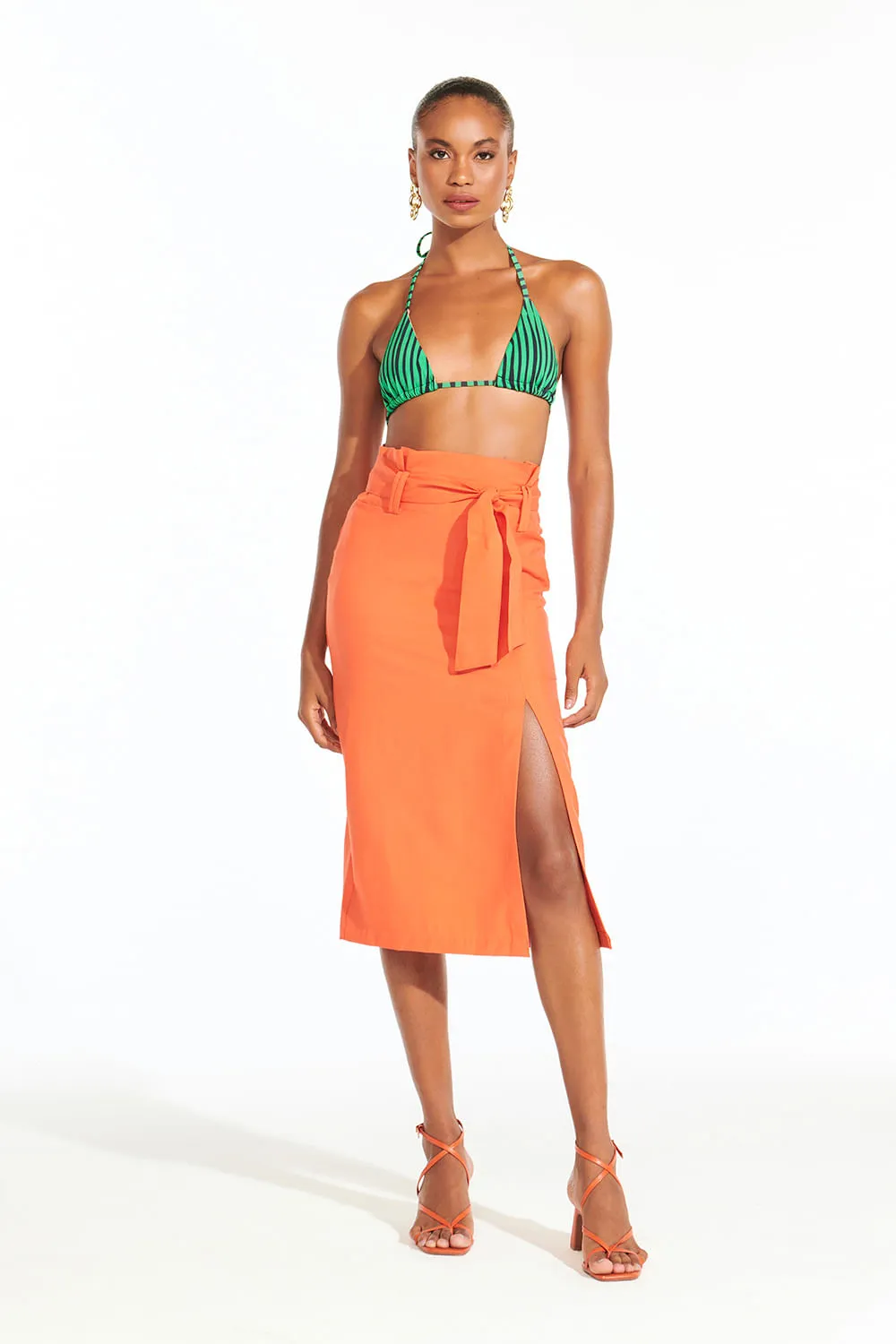 Saia Midi Viscose Cintura Alta Smk Laranja Médio