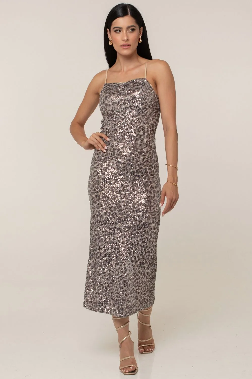 Vestido Midi Paetê Estampa Onça Smk Estampado