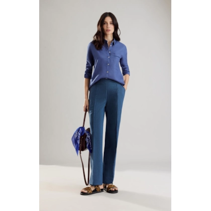 Calça Linho Laguna Chevil Pesponto Marinho