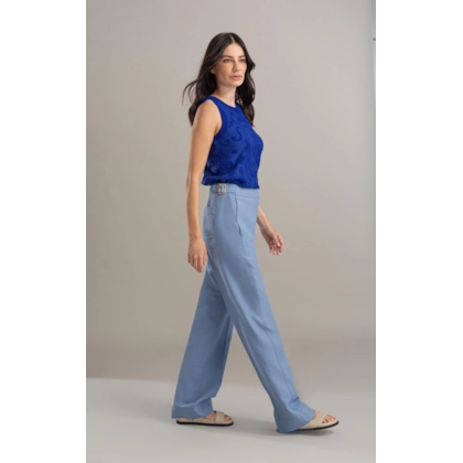 Calça Linho  Antunes Reta Azul Seco