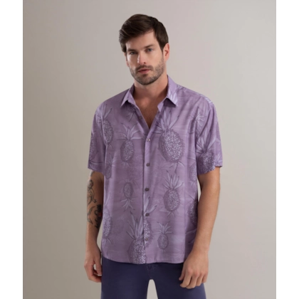Camisa Viscose Estampada Abacaxis Mc Azul Jeans