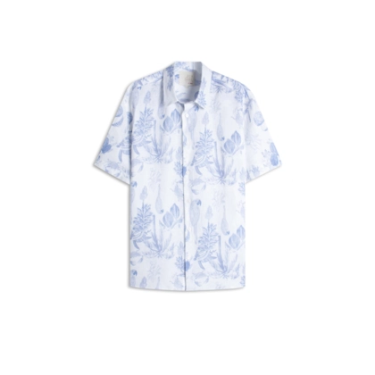 Camisa Linho  Estampada Cacau Mono Mc Azul Pervante