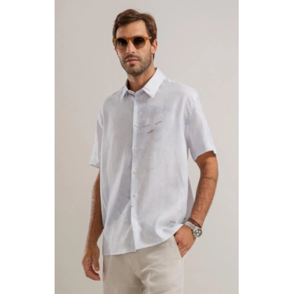 Camisa Puro Linho  Estampada Deep Ocean Mc Azul Pervante