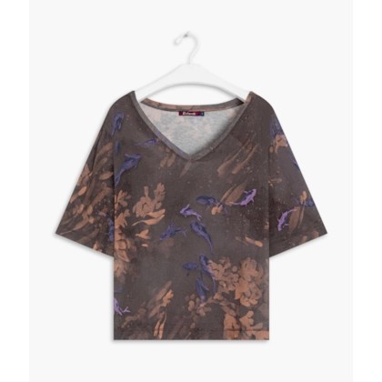 Blusa Linho  Mali Estampa Carpas Grafite