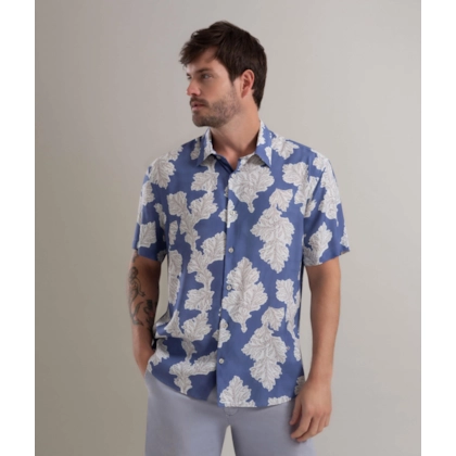 Camisa Viscose Estampada Algas Mc Azul Jeans