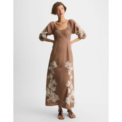 Vestido Bordado Floral Khaki