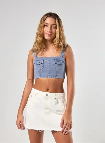 cropped cargo em sarja azul