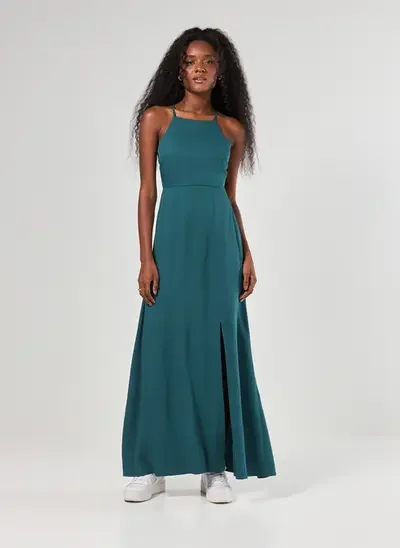 vestido longo verde halter e amarração